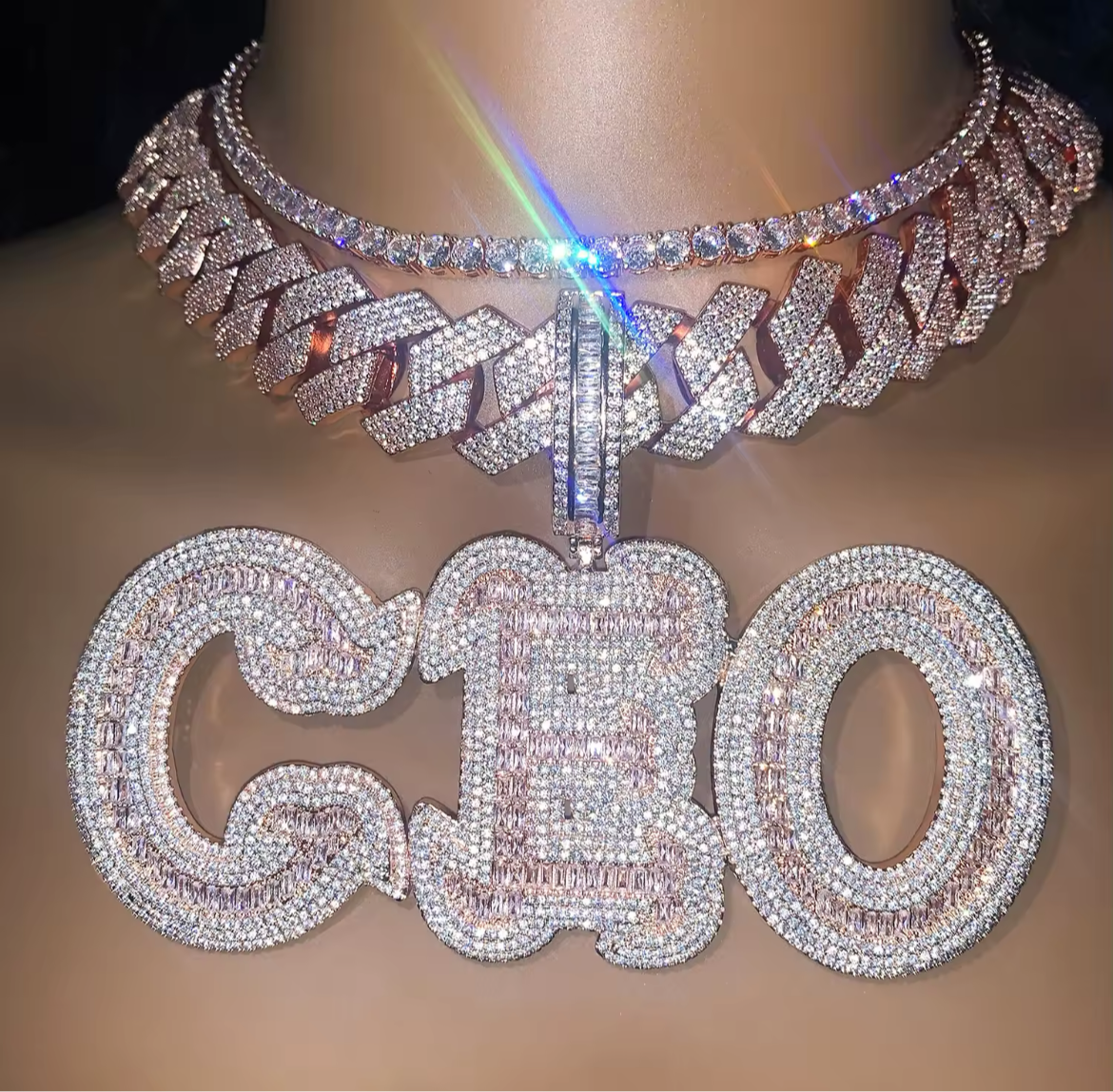 Custom Big Letter Name Pendant – Iced Out Baguette Necklace for Men & Women