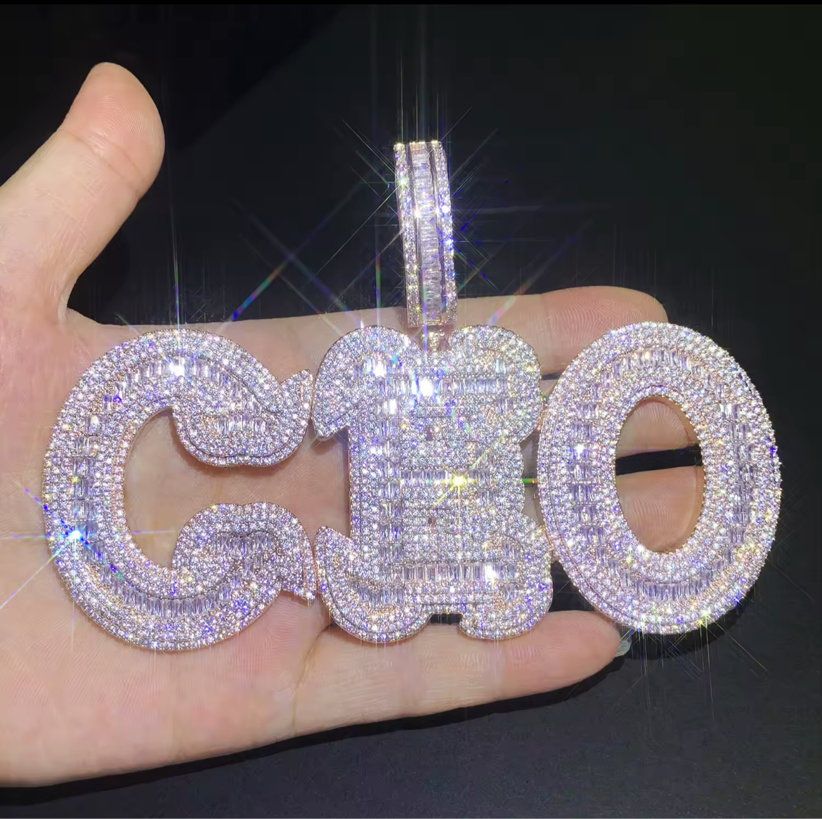 Custom Big Letter Name Pendant – Iced Out Baguette Necklace for Men & Women