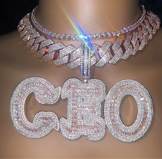 Custom Big Letter Name Pendant – Iced Out Baguette Necklace for Men & Women